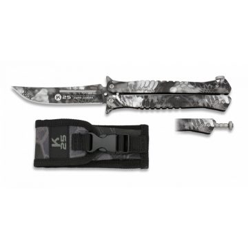   K25 Butterfly knife. Black Phyton - zsebké, bicska, pillangókés, fekete, kígyómintás, 10 cm