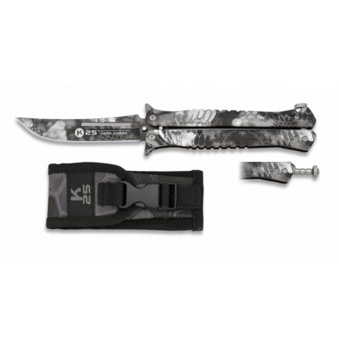 K25 Butterfly knife. Black Phyton - zsebké, bicska, pillangókés, fekete, kígyómintás, 10 cm