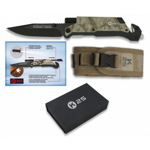 Pocket knife K25 firestarter/light FOS - zsebkés, bicska, tűzgyújtó, 9,5 cm, barna, homokszínű