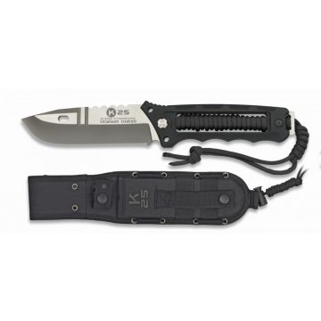 Knife K25 with cord. 11 cm - kés, taktikai, 11 cm, fekete