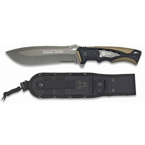 Tactical knife K25 coyote. 14 cm - kés, taktikai, homokszín, barna, fekete, 14 cm 