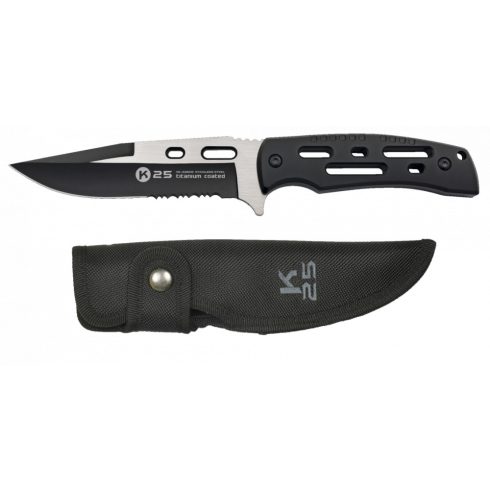 Black K25 knife/ Mixed blade with saw - Albainox, taktikai kés, fűrészes éllel, 13,2 cm