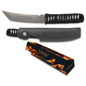  Tokisu Damask knife. CNC. Leather sheath, 15,30 cm - kés, damaszkuszi acél penge, bőr tok