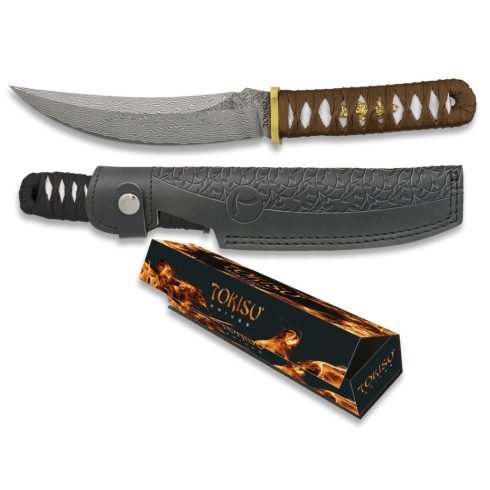 Tokisu  CNC Damask knife Leather sheath BL: 17,2 cm - kés, damaszkuszi acél penge, bőr tok